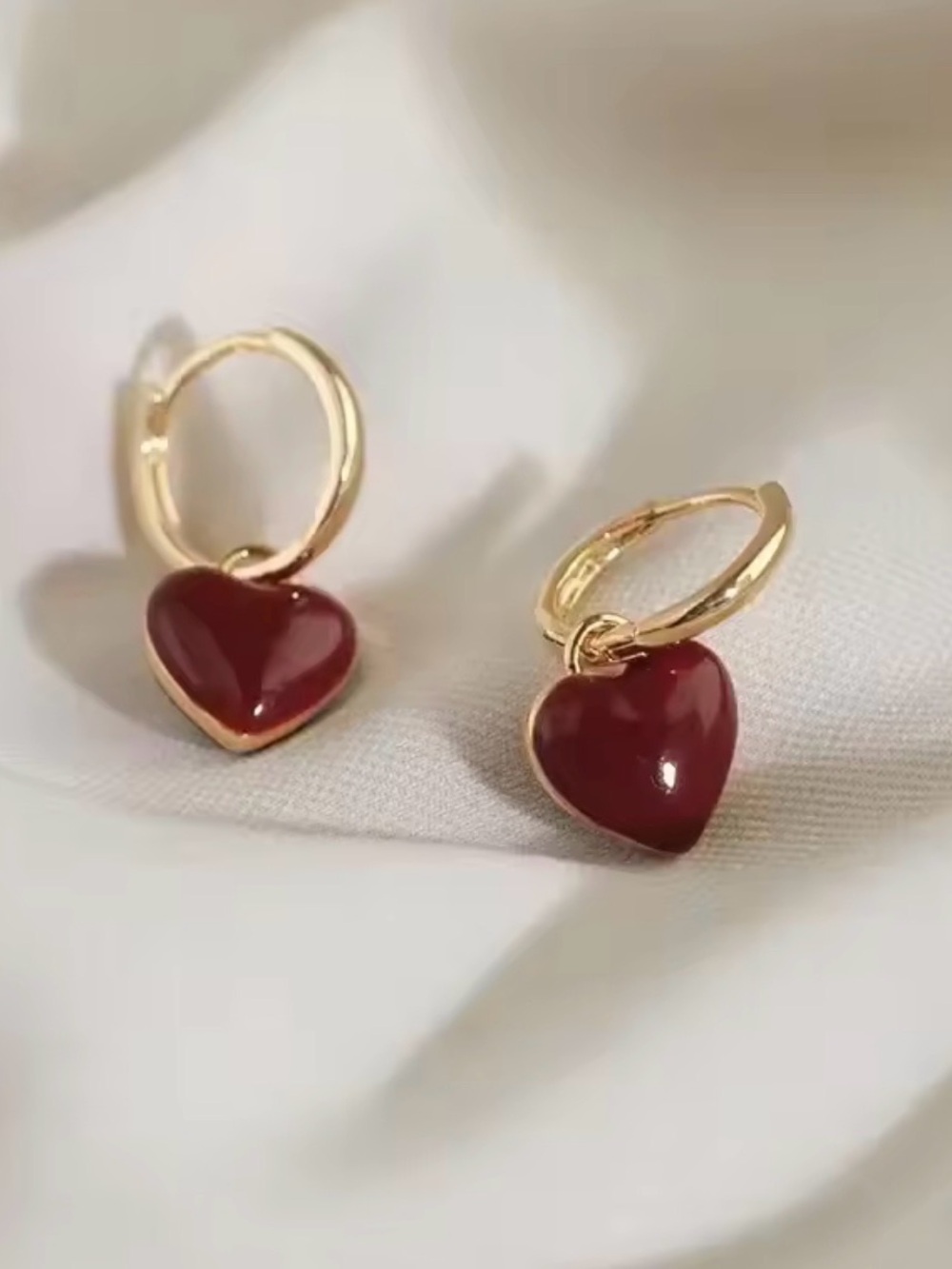 Gold Hoop Earrings with Red Heart Charm